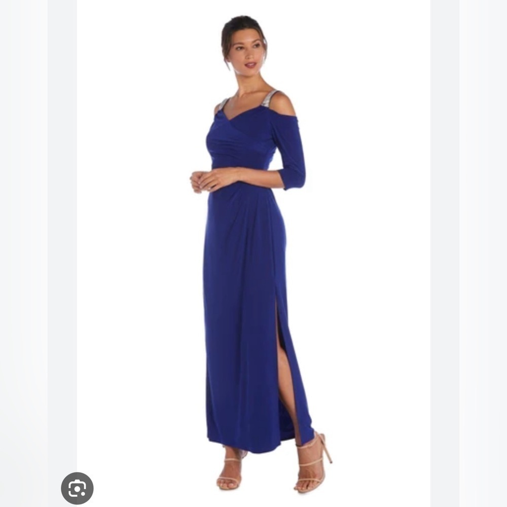 Cobalt Royal Blue Cold Shoulder Rhinestone Strap Long Formal Dress R&M Richards